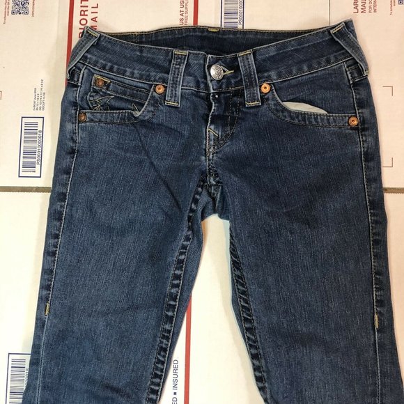 True Religion Big T Jean Size 28 Flap Pocket Twisted Flare Leg Distressed - Picture 3 of 10